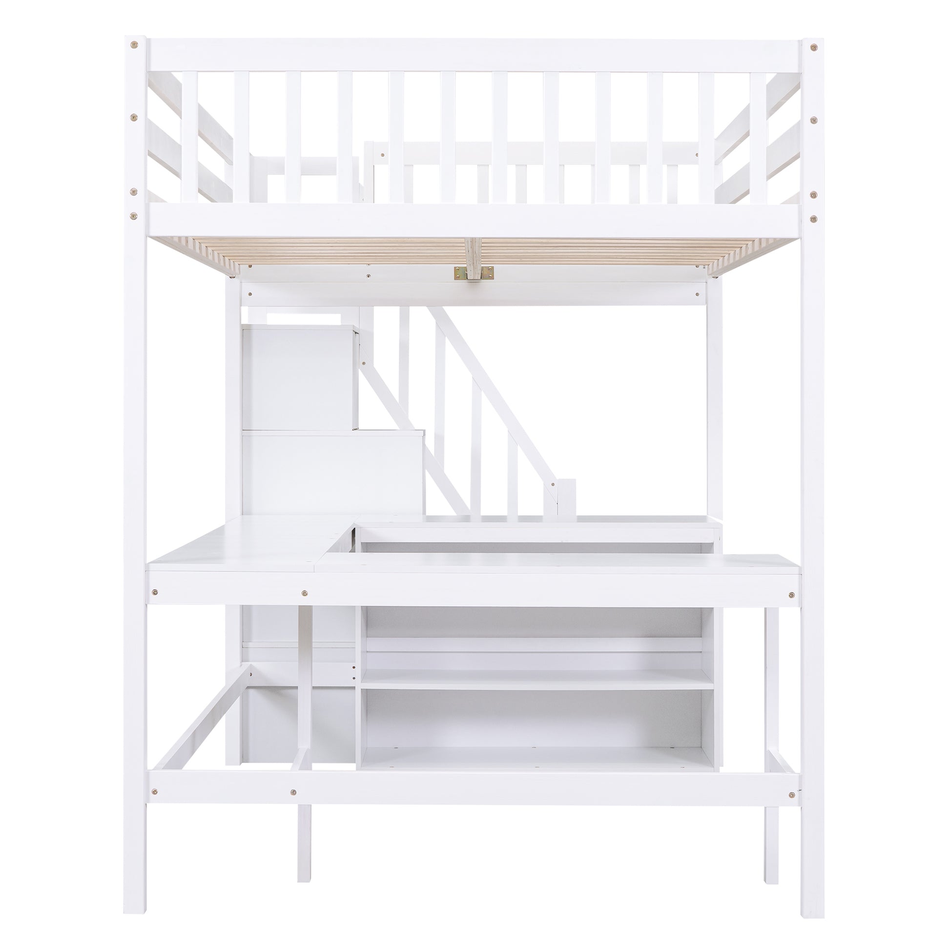 Full Size Loft Bed With Built In L Shaped Desk And Three Tier Storage Shelves,And Attached Storage Staircase, White Old Sku: Gx001809Aak Full White Pine