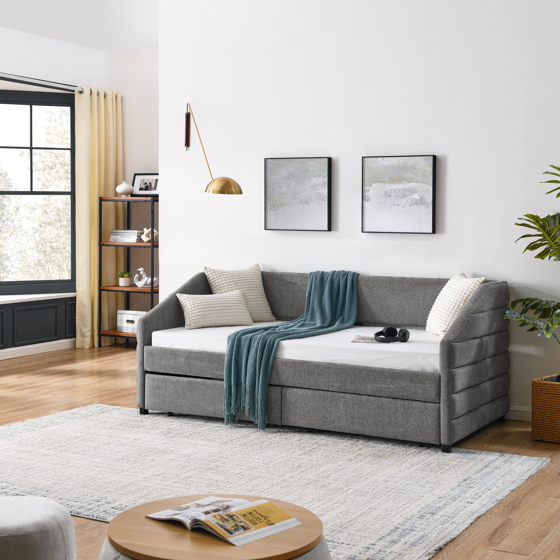 Twin Size Daybed With Two Drawers Trundle Upholstered Tufted Sofa Bed, Linen Fabric, Grey 82.5"X42.5"X34" Box Spring Not Required Twin Grey Composite Bedroom Classic,Contemporary,French,Luxury,Modern Linen Linen