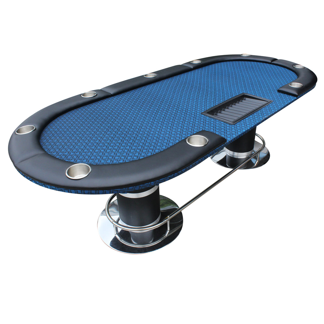 96Inch Oval Poker Table Detachable Armrest Chip Tray Blue Speed Cloth Surface Stainless Steel Pedestal Base Blue Stainless Steel