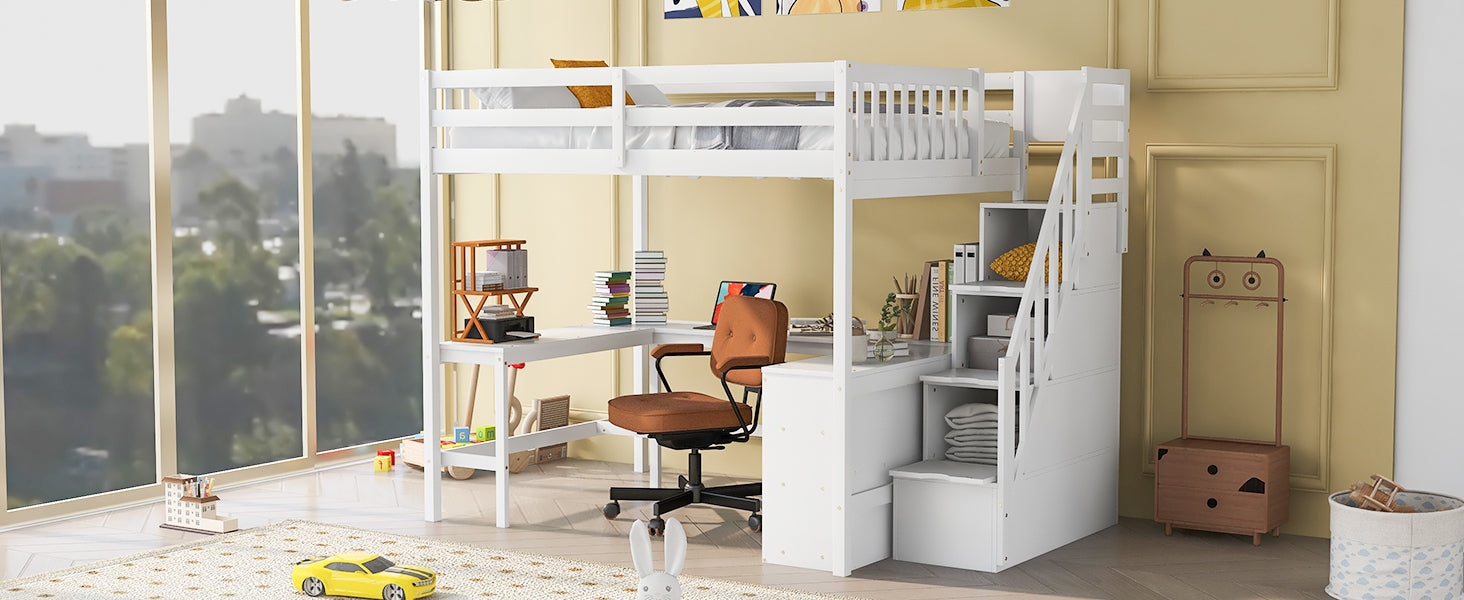 Full Size Loft Bed With Built In L Shaped Desk And Three Tier Storage Shelves,And Attached Storage Staircase, White Old Sku: Gx001809Aak Full White Pine