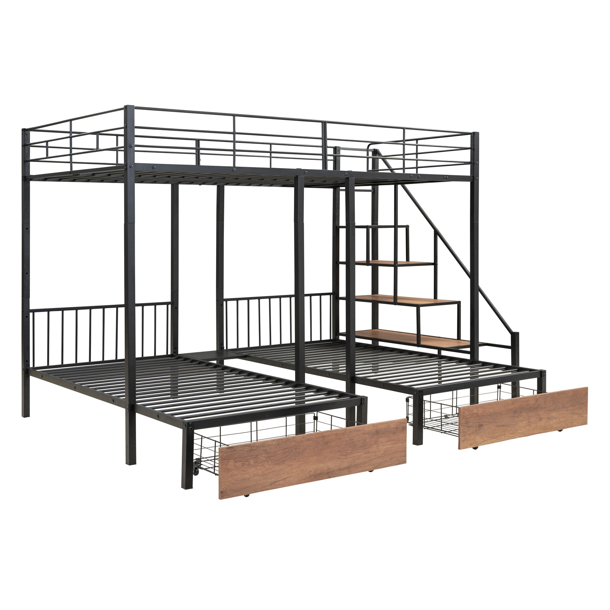 Full Over Twin Twin Triple Bunk Bed With Drawers And Staircase, Black Black Metal