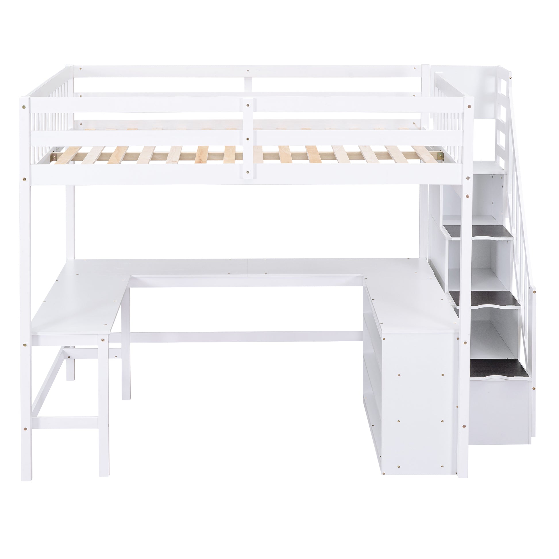 Full Size Loft Bed With Built In L Shaped Desk And Three Tier Storage Shelves,And Attached Storage Staircase, White Old Sku: Gx001809Aak Full White Pine