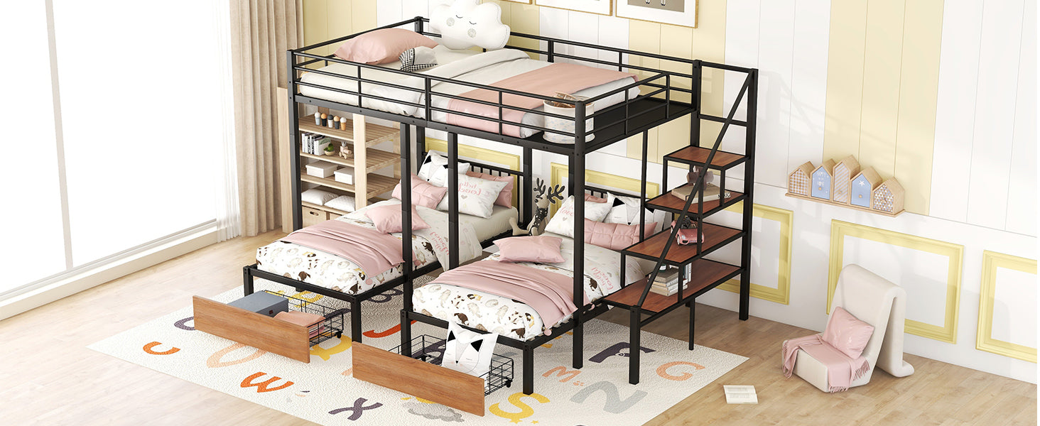 Full Over Twin Twin Triple Bunk Bed With Drawers And Staircase, Black Black Metal