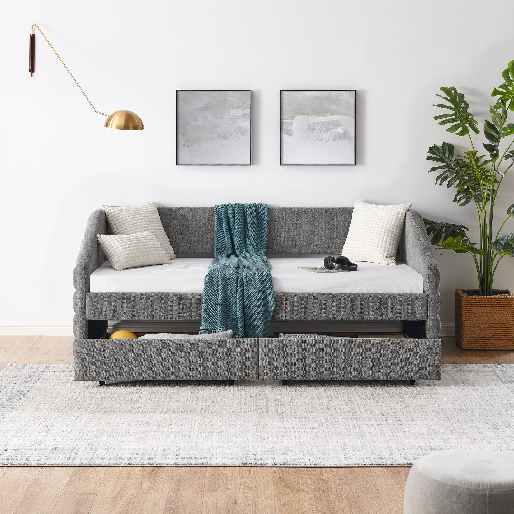 Twin Size Daybed With Two Drawers Trundle Upholstered Tufted Sofa Bed, Linen Fabric, Grey 82.5"X42.5"X34" Box Spring Not Required Twin Grey Composite Bedroom Classic,Contemporary,French,Luxury,Modern Linen Linen