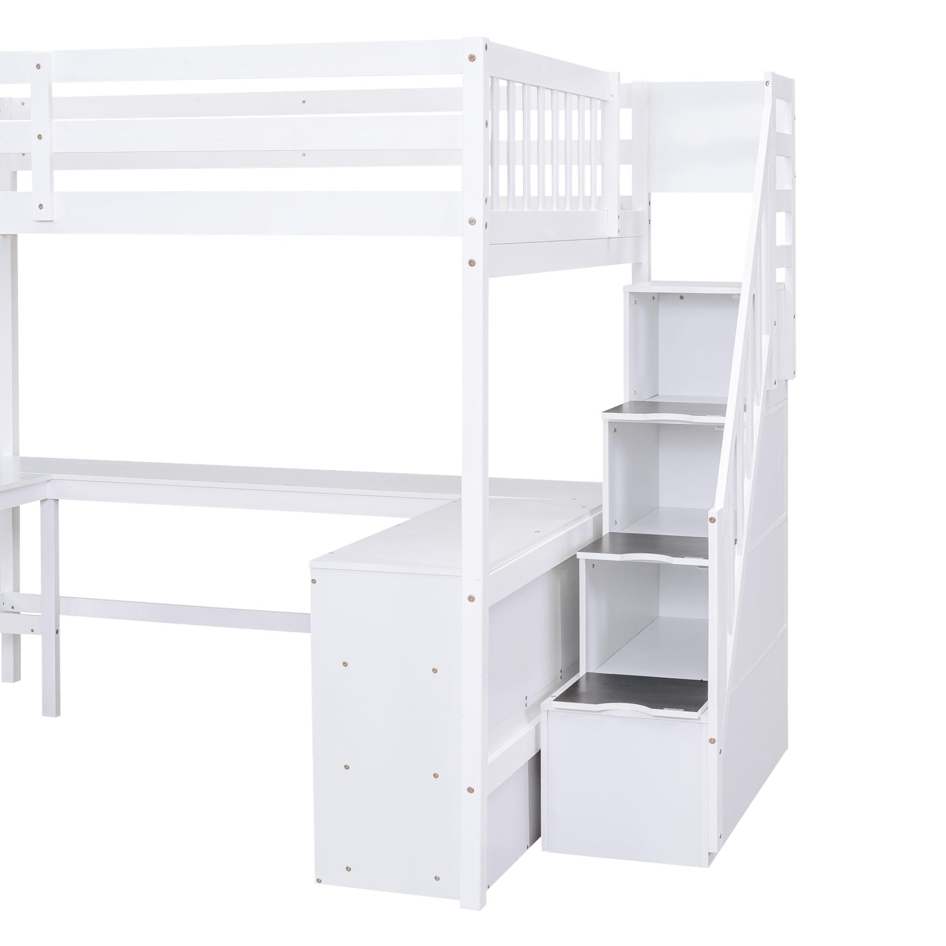 Full Size Loft Bed With Built In L Shaped Desk And Three Tier Storage Shelves,And Attached Storage Staircase, White Old Sku: Gx001809Aak Full White Pine