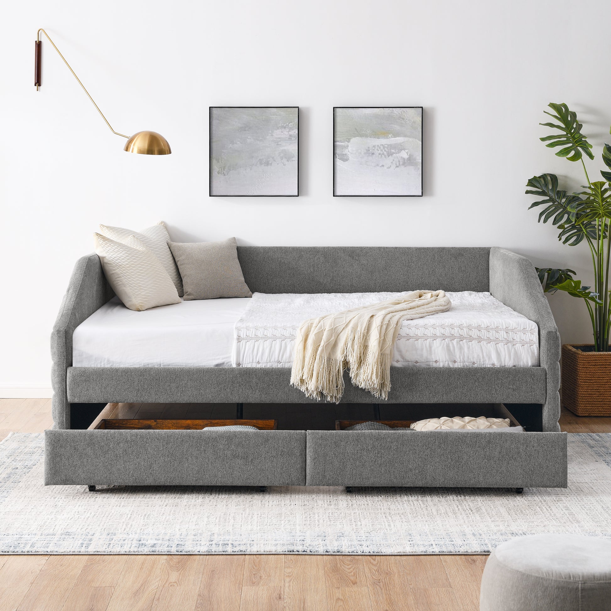 Queen Size Daybed With Two Drawers Trundle Upholstered Tufted Sofa Bed, Linen Fabric, Grey 88"X64.5"X34" Box Spring Not Required Queen Grey Composite Bedroom Classic,Contemporary,French,Luxury,Modern Linen Linen