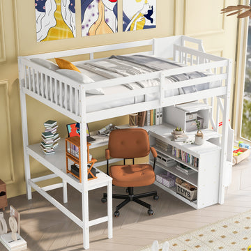 Full Size Loft Bed With Built In L Shaped Desk And Three Tier Storage Shelves,And Attached Storage Staircase, White Old Sku: Gx001809Aak Full White Pine