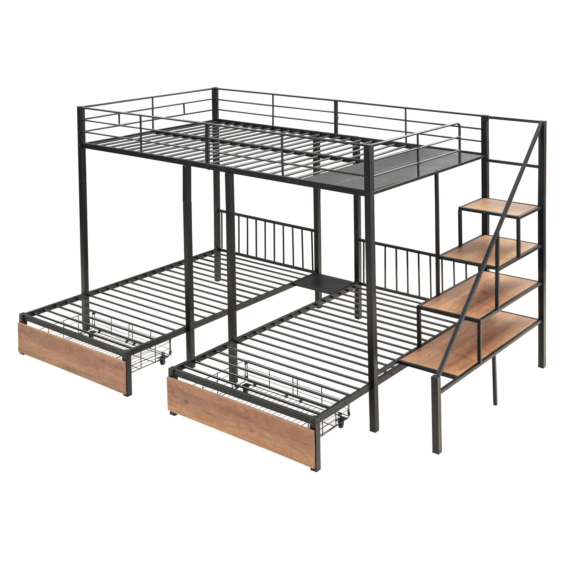 Full Over Twin Twin Triple Bunk Bed With Drawers And Staircase, Black Black Metal