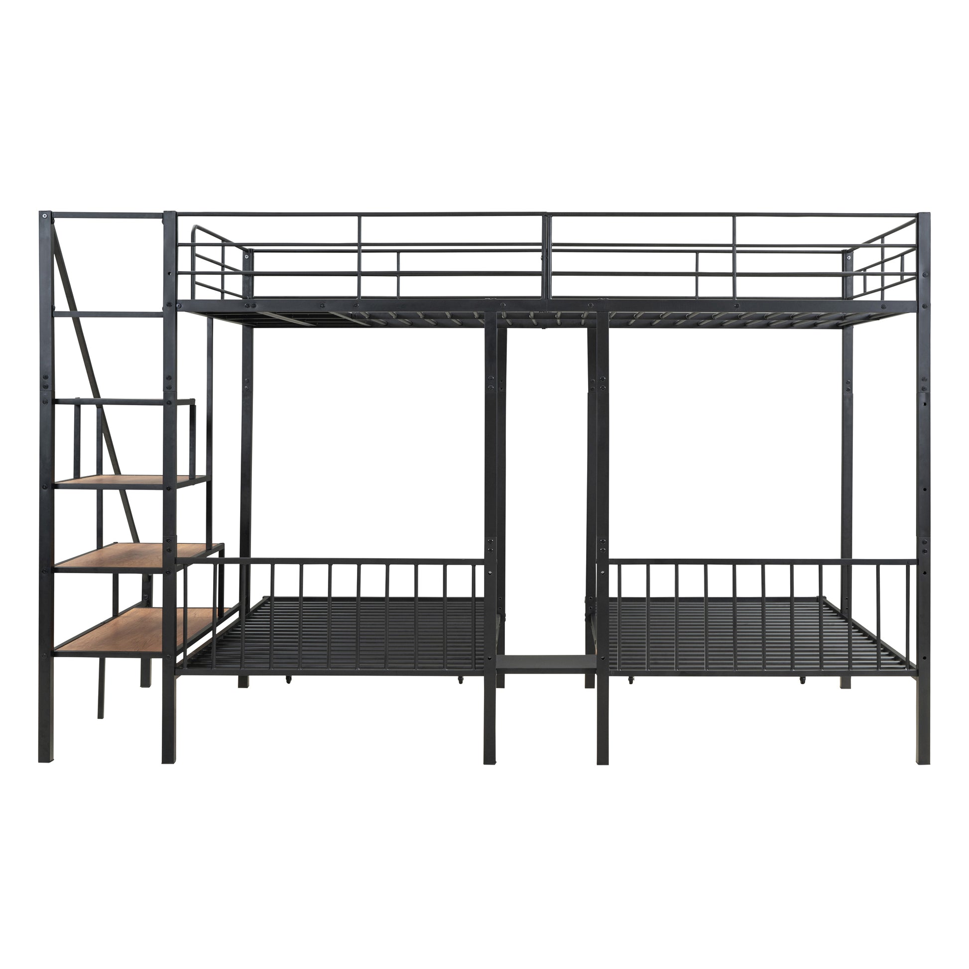 Full Over Twin Twin Triple Bunk Bed With Drawers And Staircase, Black Black Metal