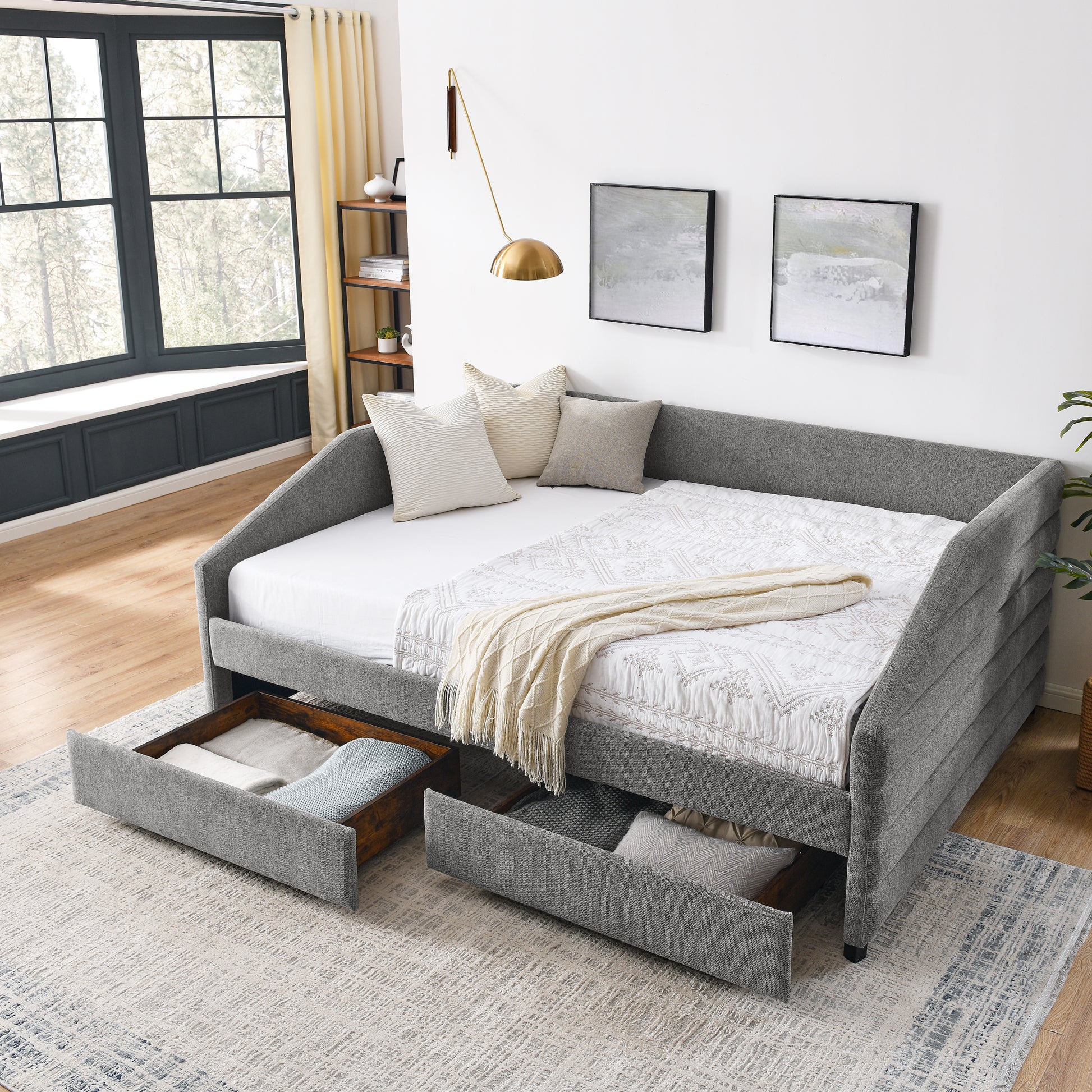 Queen Size Daybed With Two Drawers Trundle Upholstered Tufted Sofa Bed, Linen Fabric, Grey 88"X64.5"X34" Box Spring Not Required Queen Grey Composite Bedroom Classic,Contemporary,French,Luxury,Modern Linen Linen