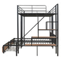 Full Over Twin Twin Triple Bunk Bed With Drawers And Staircase, Black Black Metal