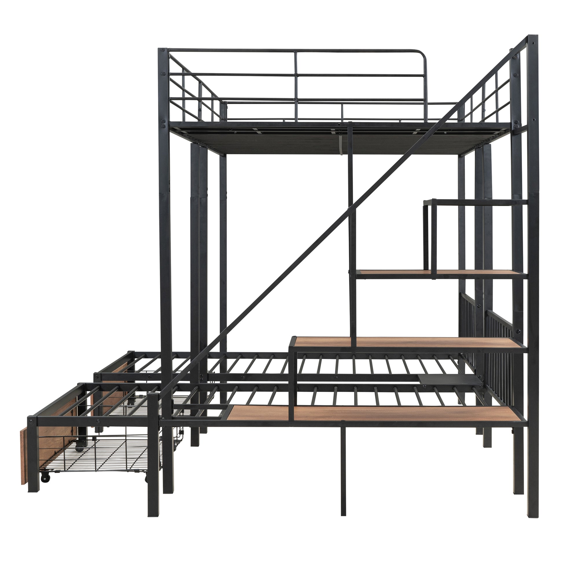 Full Over Twin Twin Triple Bunk Bed With Drawers And Staircase, Black Black Metal