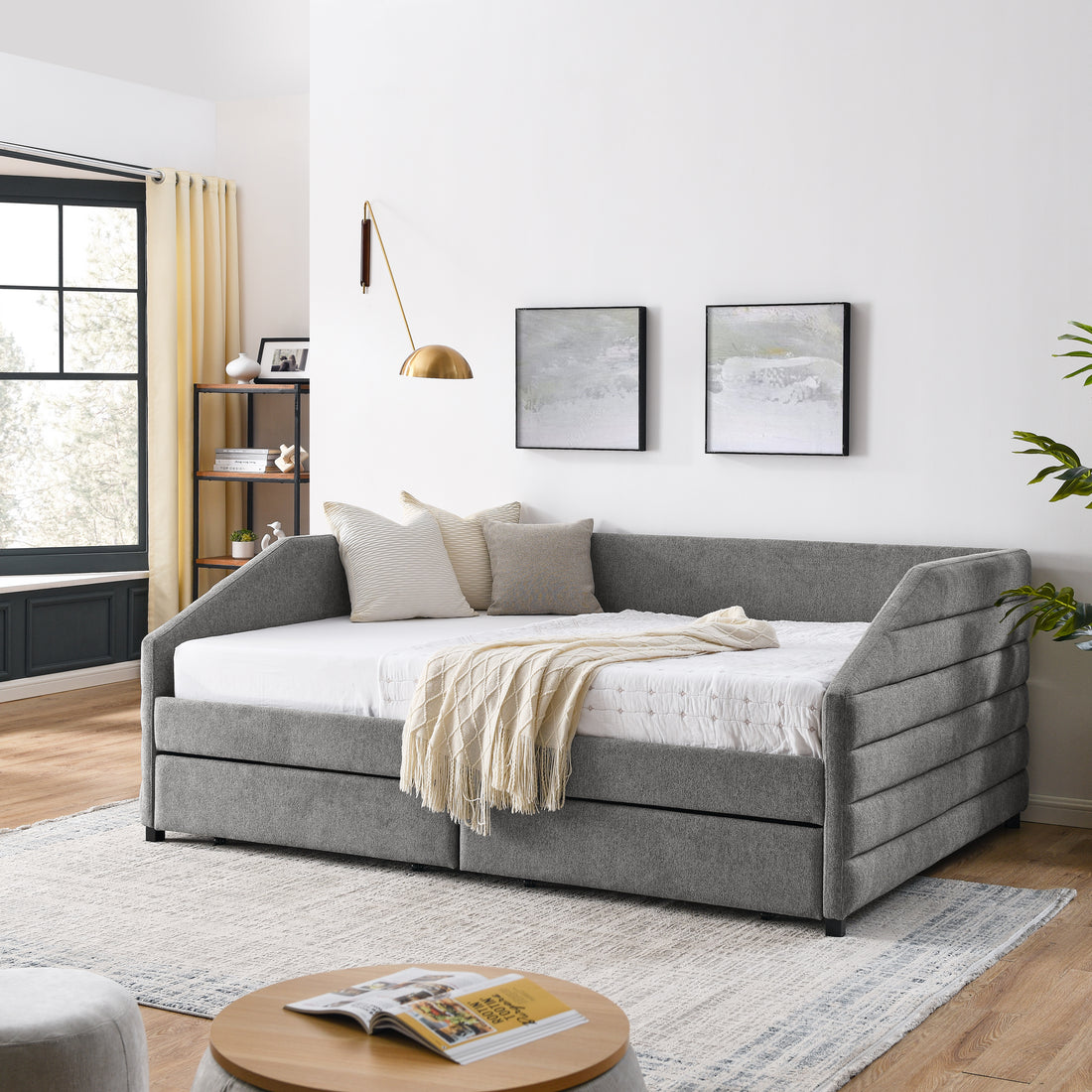 Queen Size Daybed With Two Drawers Trundle Upholstered Tufted Sofa Bed, Linen Fabric, Grey 88"X64.5"X34" Box Spring Not Required Queen Grey Composite Bedroom Classic,Contemporary,French,Luxury,Modern Linen Linen