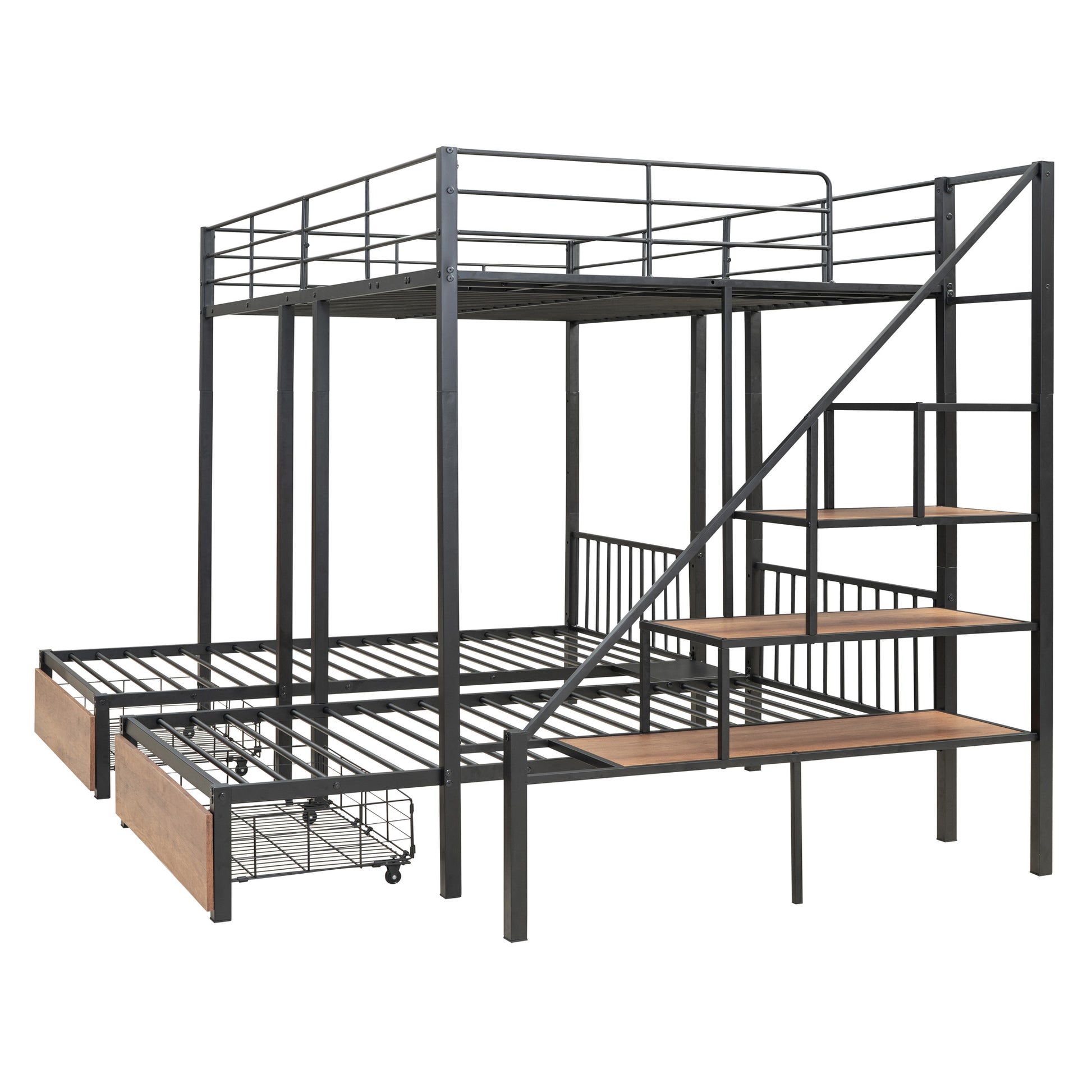 Full Over Twin Twin Triple Bunk Bed With Drawers And Staircase, Black Black Metal