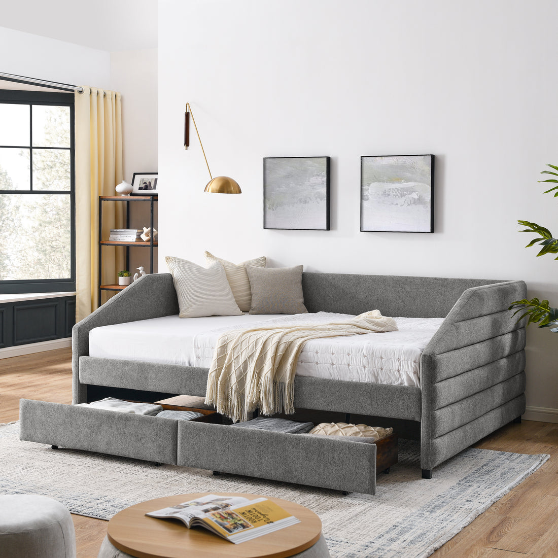 Queen Size Daybed With Two Drawers Trundle Upholstered Tufted Sofa Bed, Linen Fabric, Grey 88"X64.5"X34" Box Spring Not Required Queen Grey Composite Bedroom Classic,Contemporary,French,Luxury,Modern Linen Linen