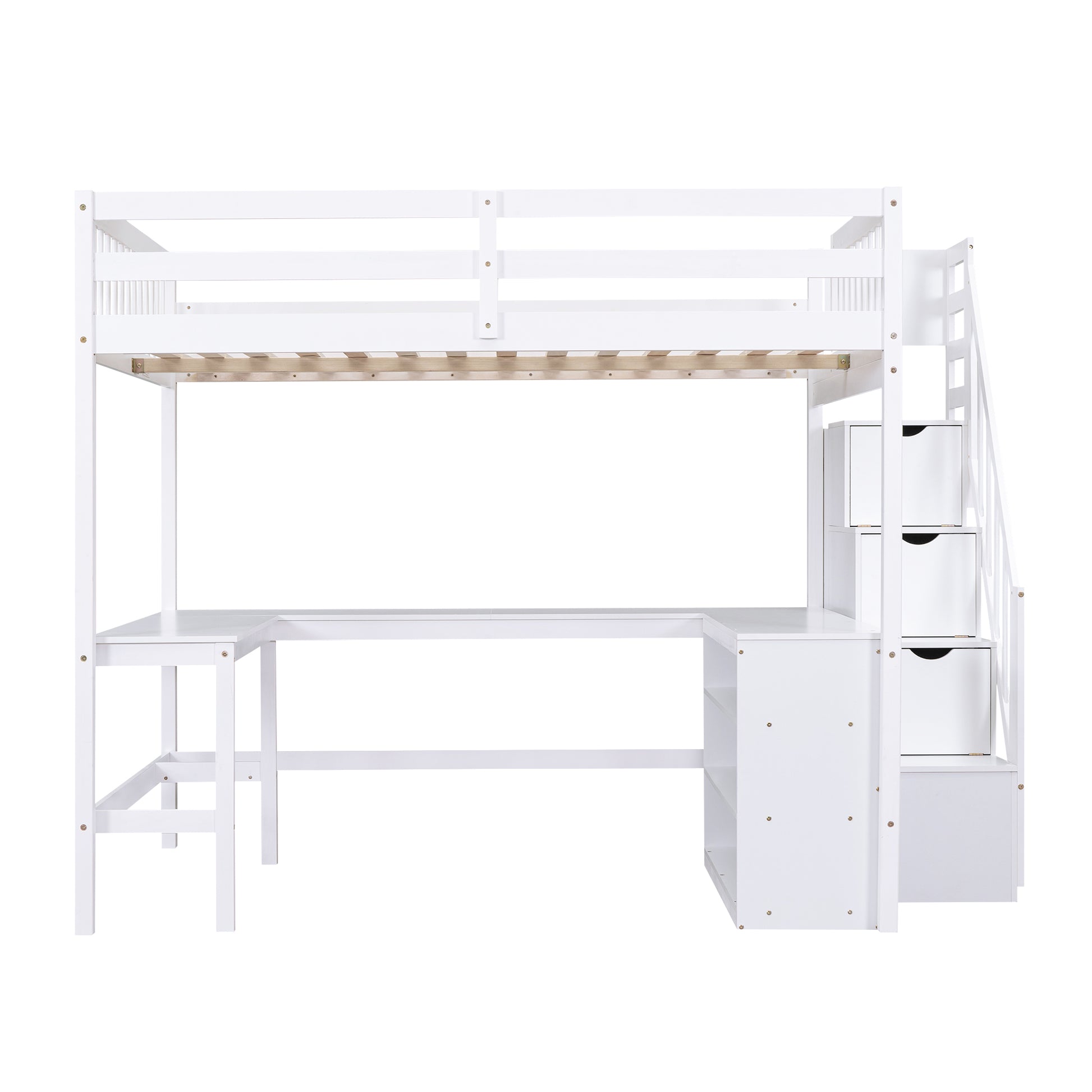 Full Size Loft Bed With Built In L Shaped Desk And Three Tier Storage Shelves,And Attached Storage Staircase, White Old Sku: Gx001809Aak Full White Pine