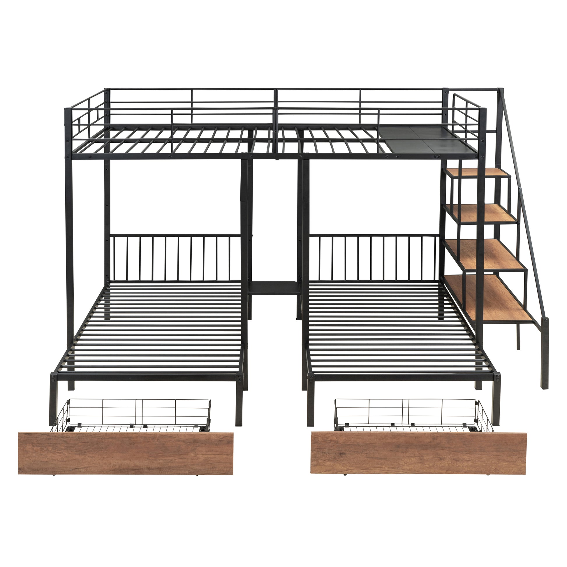 Full Over Twin Twin Triple Bunk Bed With Drawers And Staircase, Black Black Metal