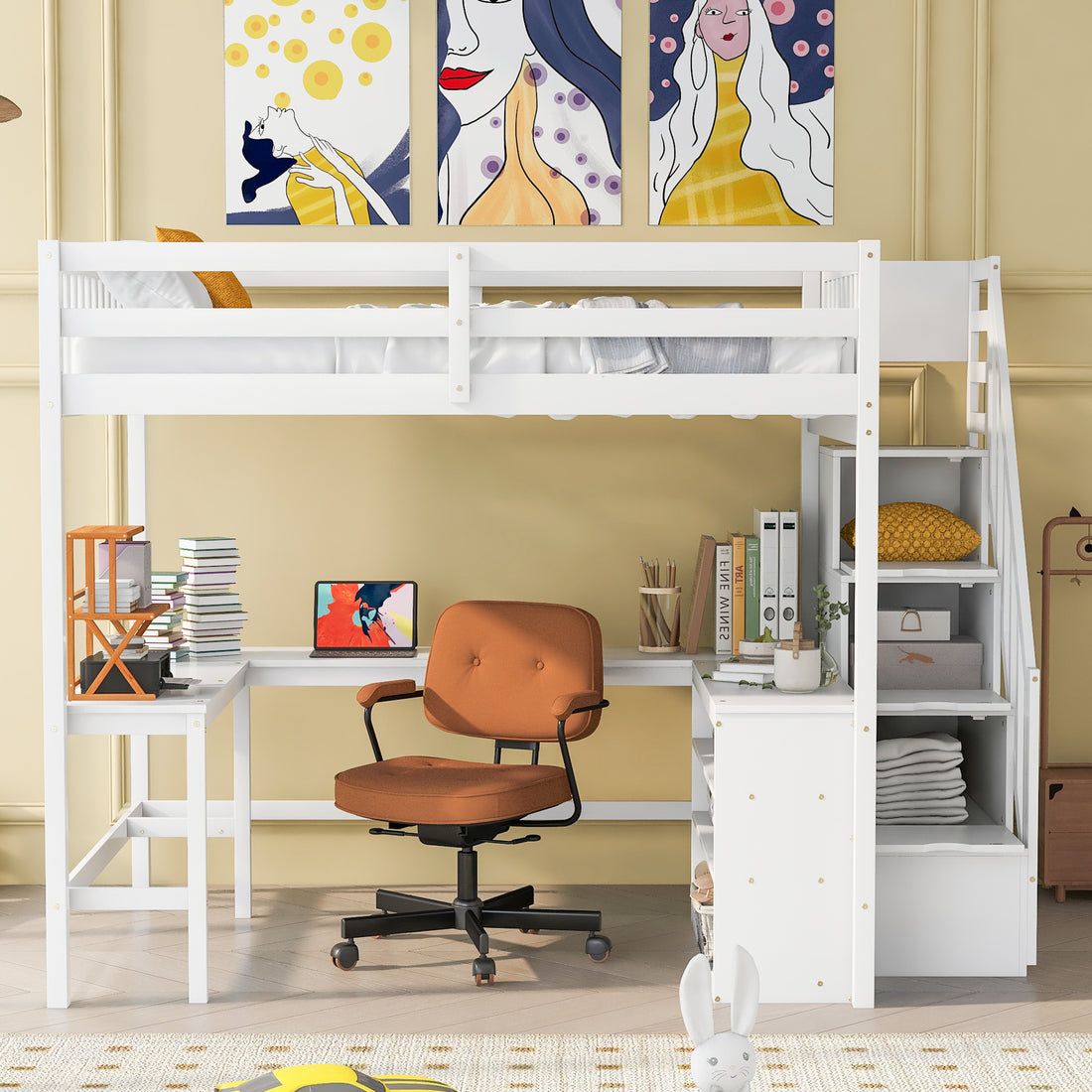 Full Size Loft Bed With Built In L Shaped Desk And Three Tier Storage Shelves,And Attached Storage Staircase, White Old Sku: Gx001809Aak Full White Pine