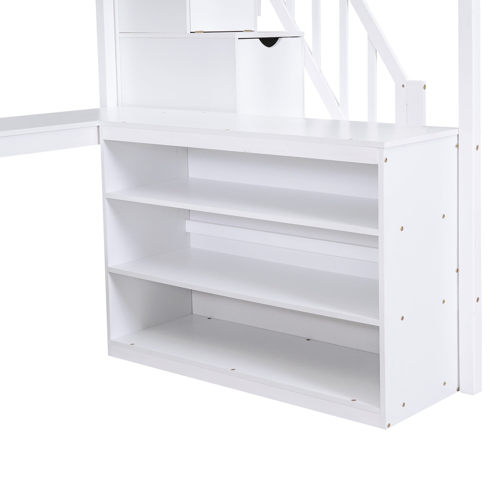 Full Size Loft Bed With Built In L Shaped Desk And Three Tier Storage Shelves,And Attached Storage Staircase, White Old Sku: Gx001809Aak Full White Pine