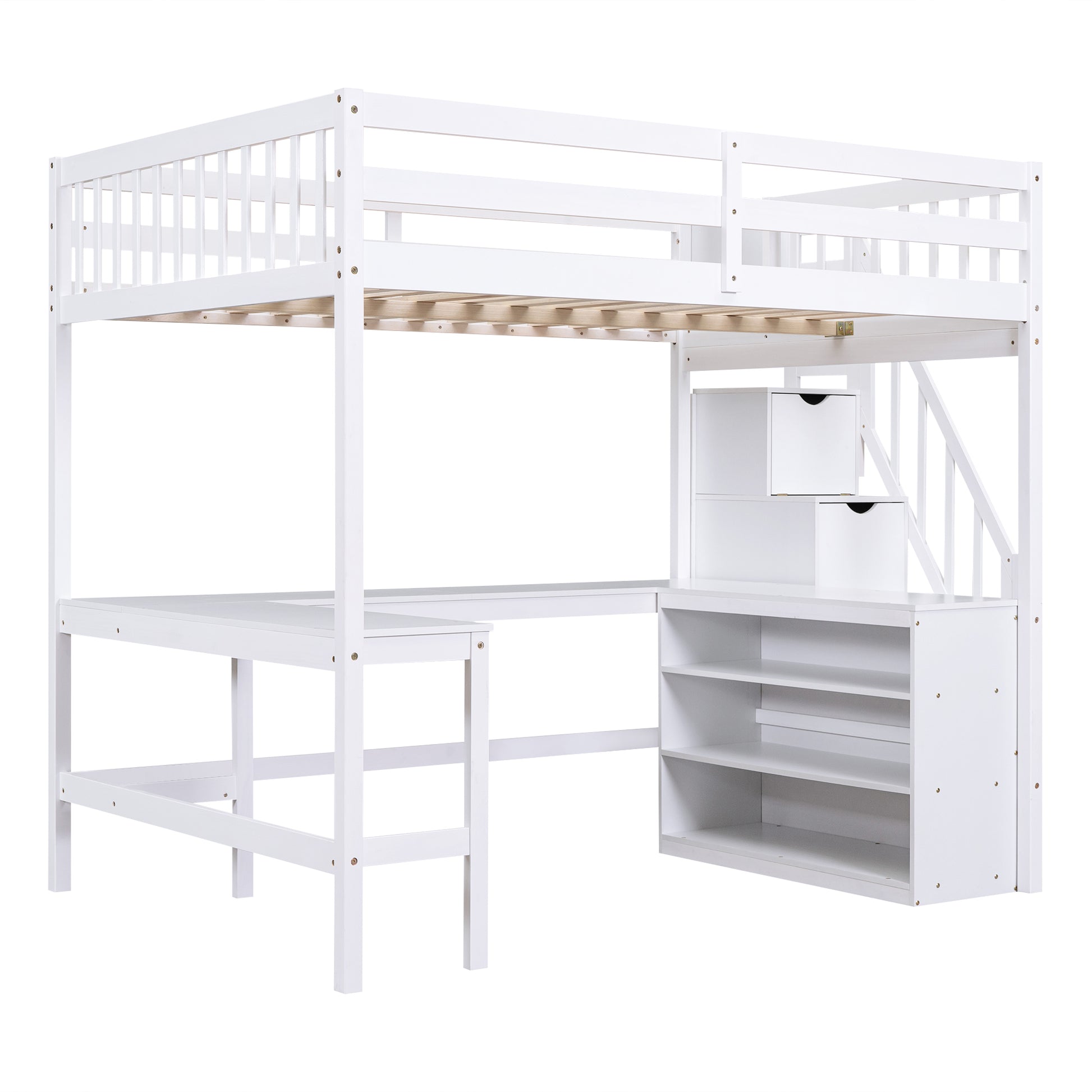 Full Size Loft Bed With Built In L Shaped Desk And Three Tier Storage Shelves,And Attached Storage Staircase, White Old Sku: Gx001809Aak Full White Pine