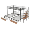 Full Over Twin Twin Triple Bunk Bed With Drawers And Staircase, Black Black Metal