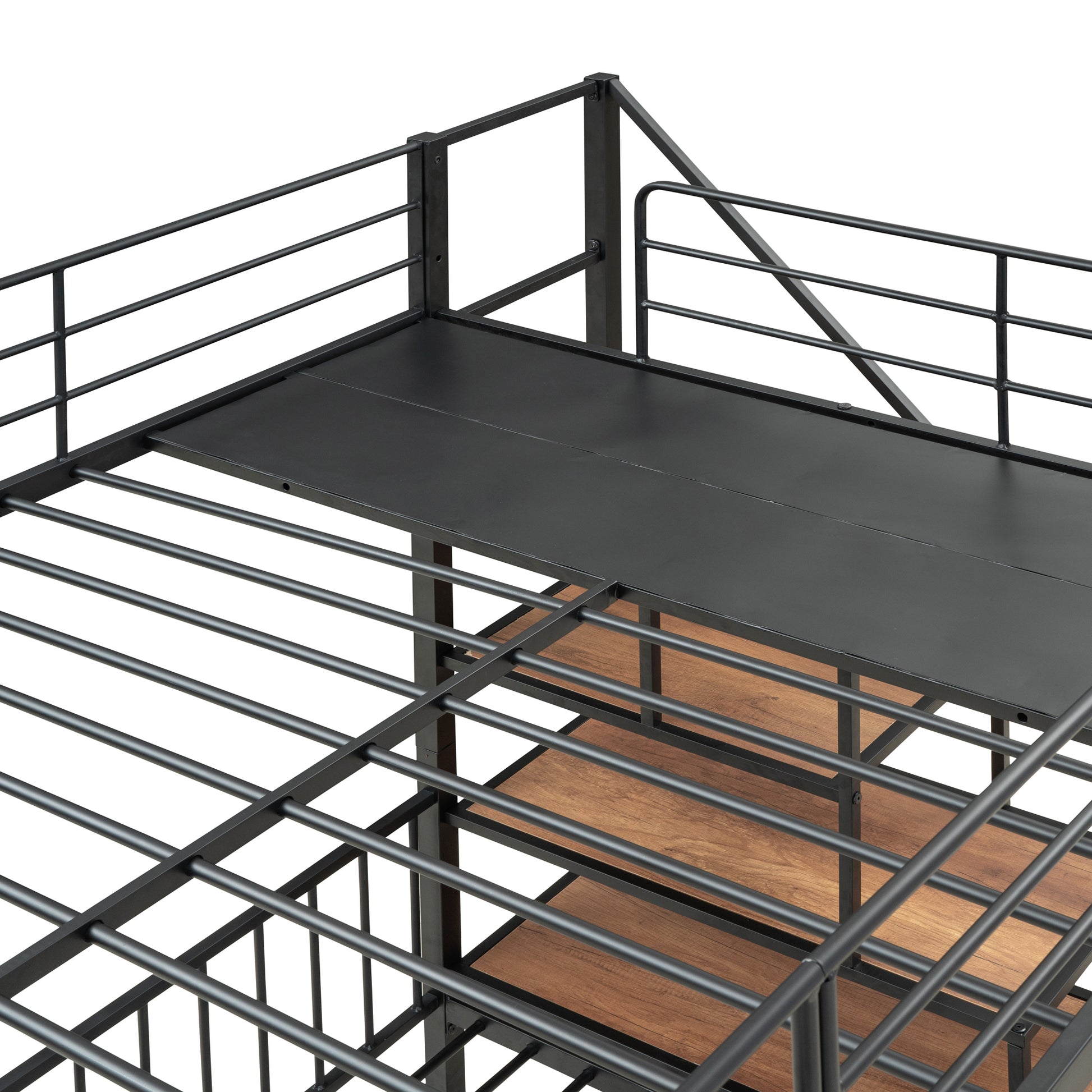 Full Over Twin Twin Triple Bunk Bed With Drawers And Staircase, Black Black Metal