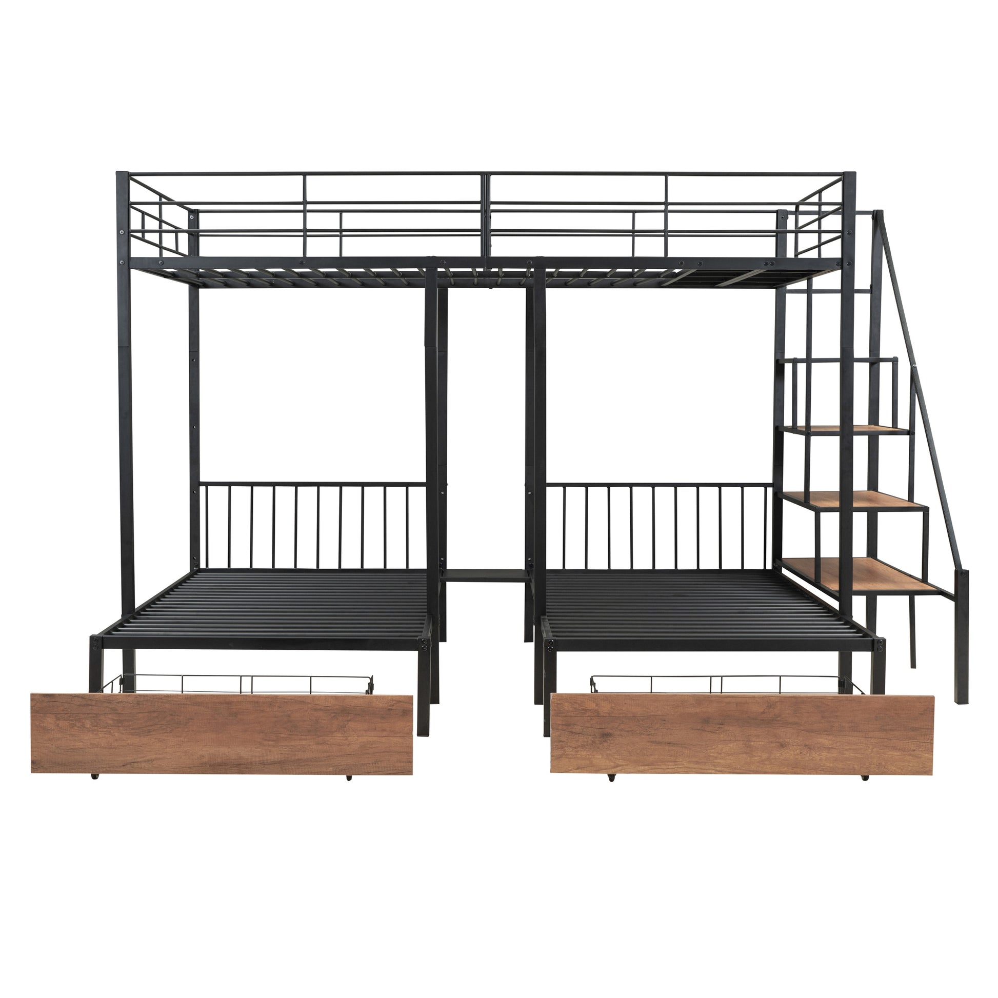 Full Over Twin Twin Triple Bunk Bed With Drawers And Staircase, Black Black Metal