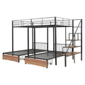 Full Over Twin Twin Triple Bunk Bed With Drawers And Staircase, Black Black Metal