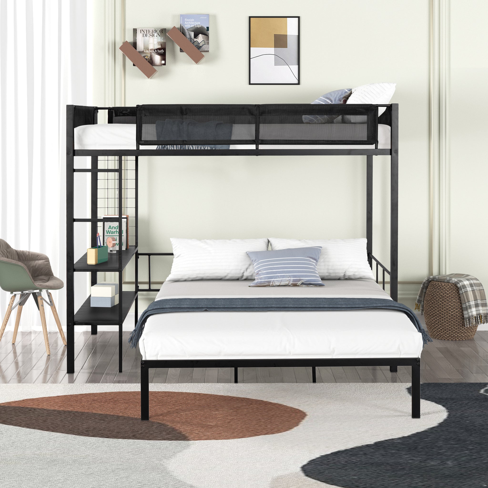 Metal Twin Over Full Bunk With Shelves & Grid Panel Sturdy Metal Bed Frame Noise Free Wood Slats Comfortable Textilene Guardrail Built In 2 Tier Shelves & Grid Panel Separated Full Size Bed Box Spring Not Required Black Metal Bedroom Bunk Steel