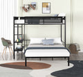 Metal Twin Over Full Bunk With Shelves & Grid Panel Sturdy Metal Bed Frame Noise Free Wood Slats Comfortable Textilene Guardrail Built In 2 Tier Shelves & Grid Panel Separated Full Size Bed Box Spring Not Required Black Metal Bedroom Bunk Steel