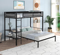 Metal Twin Over Full Bunk With Shelves & Grid Panel Sturdy Metal Bed Frame Noise Free Wood Slats Comfortable Textilene Guardrail Built In 2 Tier Shelves & Grid Panel Separated Full Size Bed Box Spring Not Required Black Metal Bedroom Bunk Steel