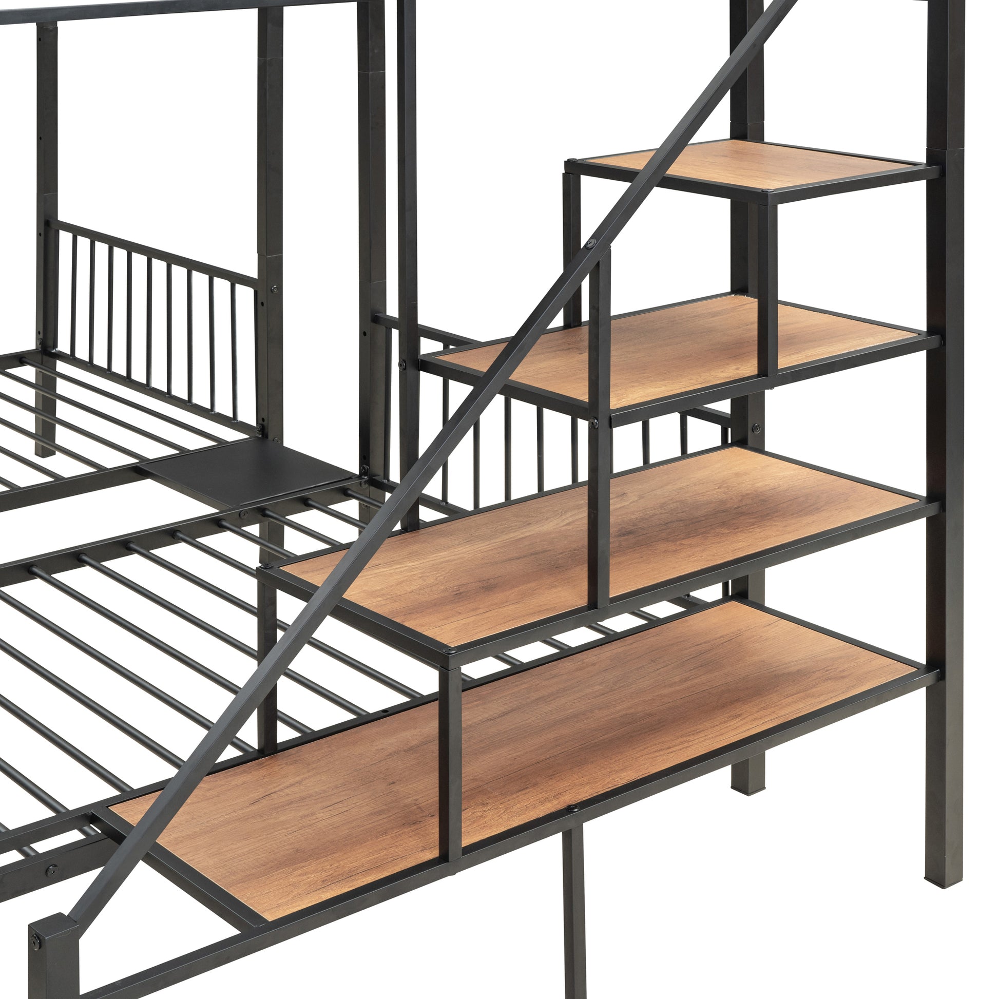 Full Over Twin Twin Triple Bunk Bed With Drawers And Staircase, Black Black Metal