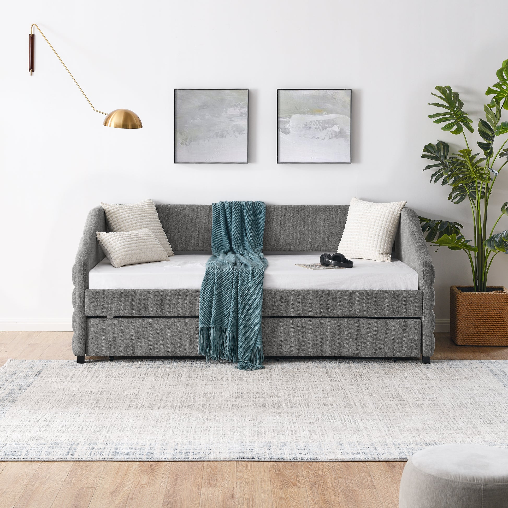 Twin Size Daybed With Two Drawers Trundle Upholstered Tufted Sofa Bed, Linen Fabric, Grey 82.5"X42.5"X34" Box Spring Not Required Twin Grey Composite Bedroom Classic,Contemporary,French,Luxury,Modern Linen Linen