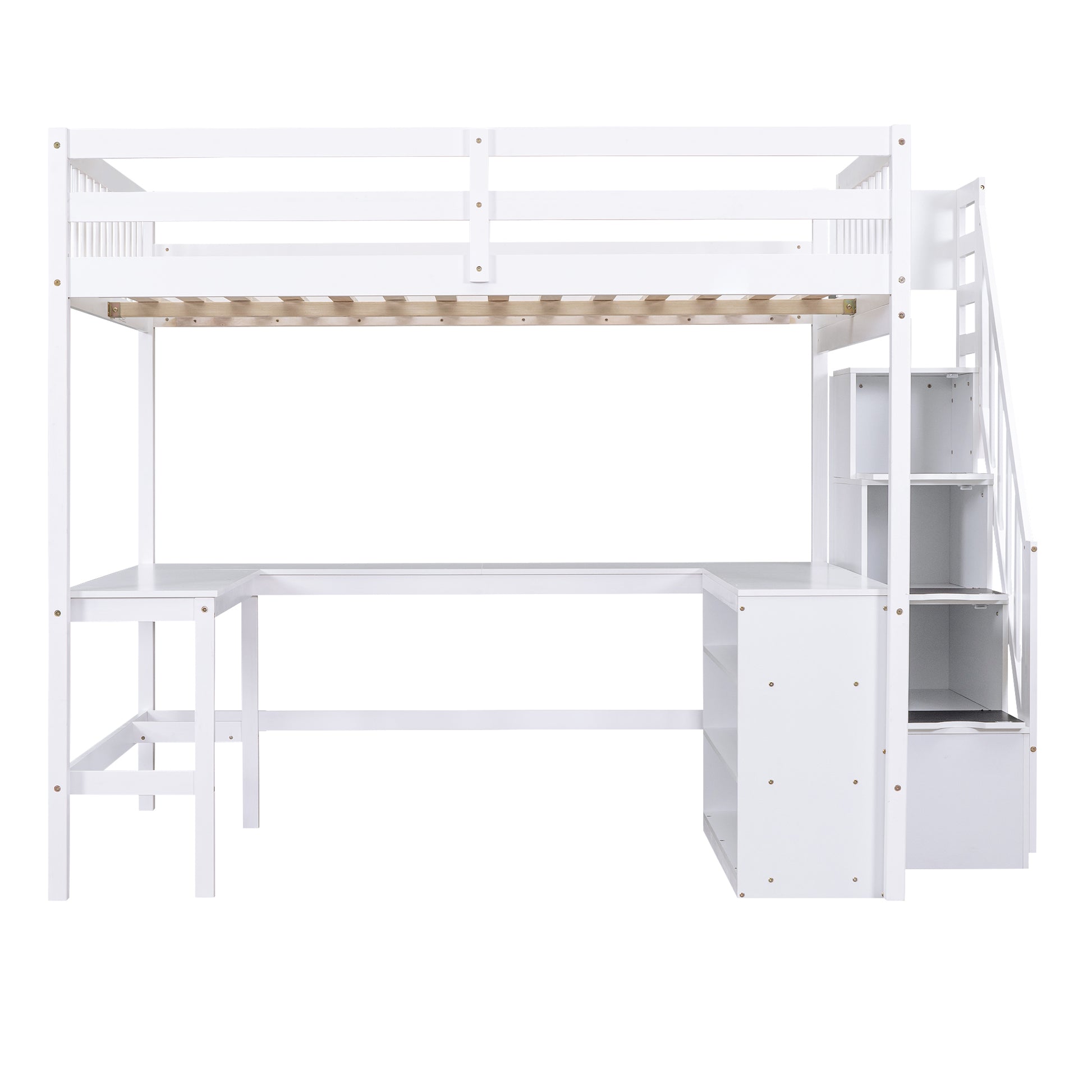 Full Size Loft Bed With Built In L Shaped Desk And Three Tier Storage Shelves,And Attached Storage Staircase, White Old Sku: Gx001809Aak Full White Pine