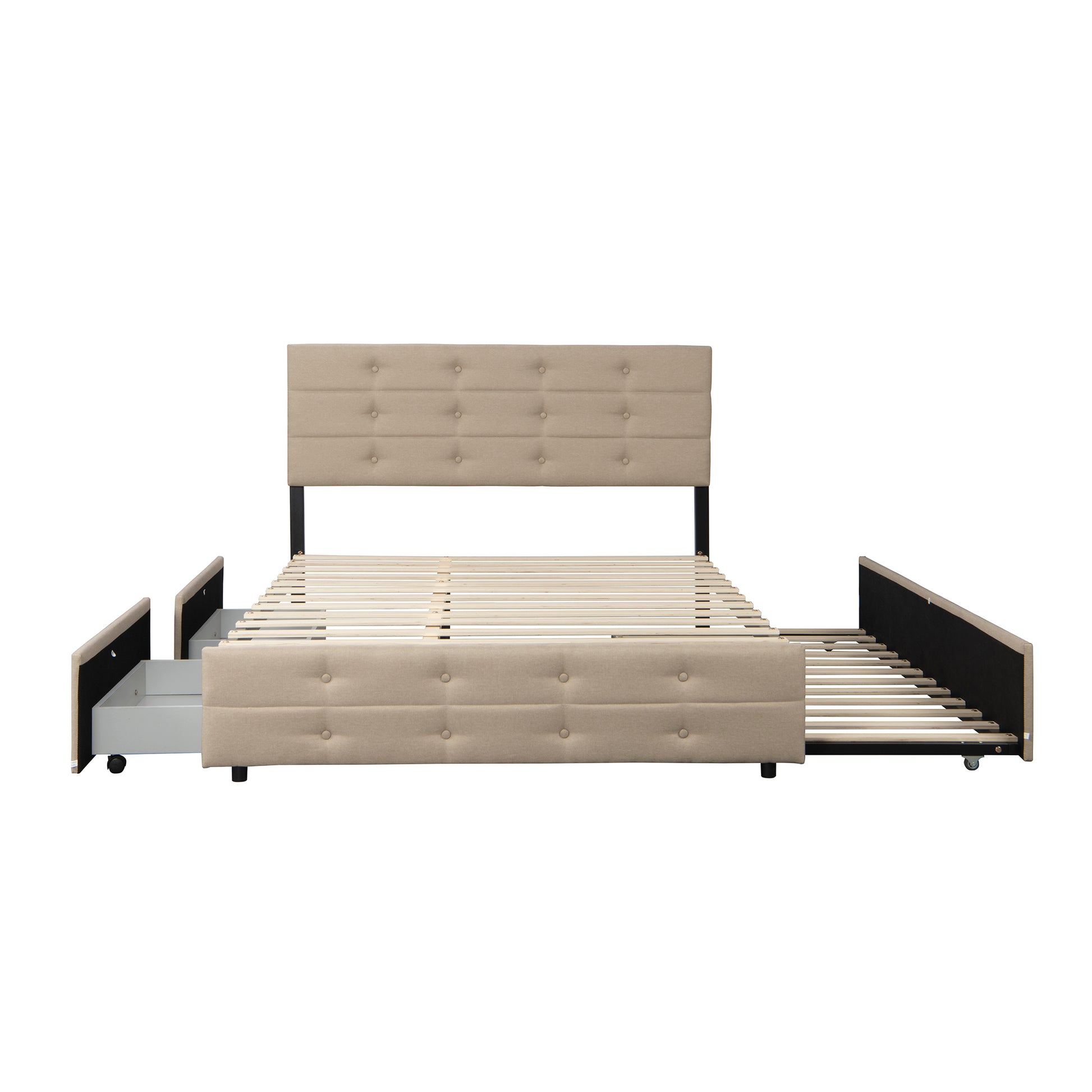 Queen Size Upholstered Platform Bed With Twin Trundle And 2 Storage Drawers Underneath, Linen Fabric With Wood Slat, For Bedroom,Light Beige Box Spring Not Required Queen Light Beige Wood Bedroom American Design Bed Frame Linen Linen