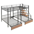 Full Over Twin Twin Triple Bunk Bed With Drawers And Staircase, Black Black Metal