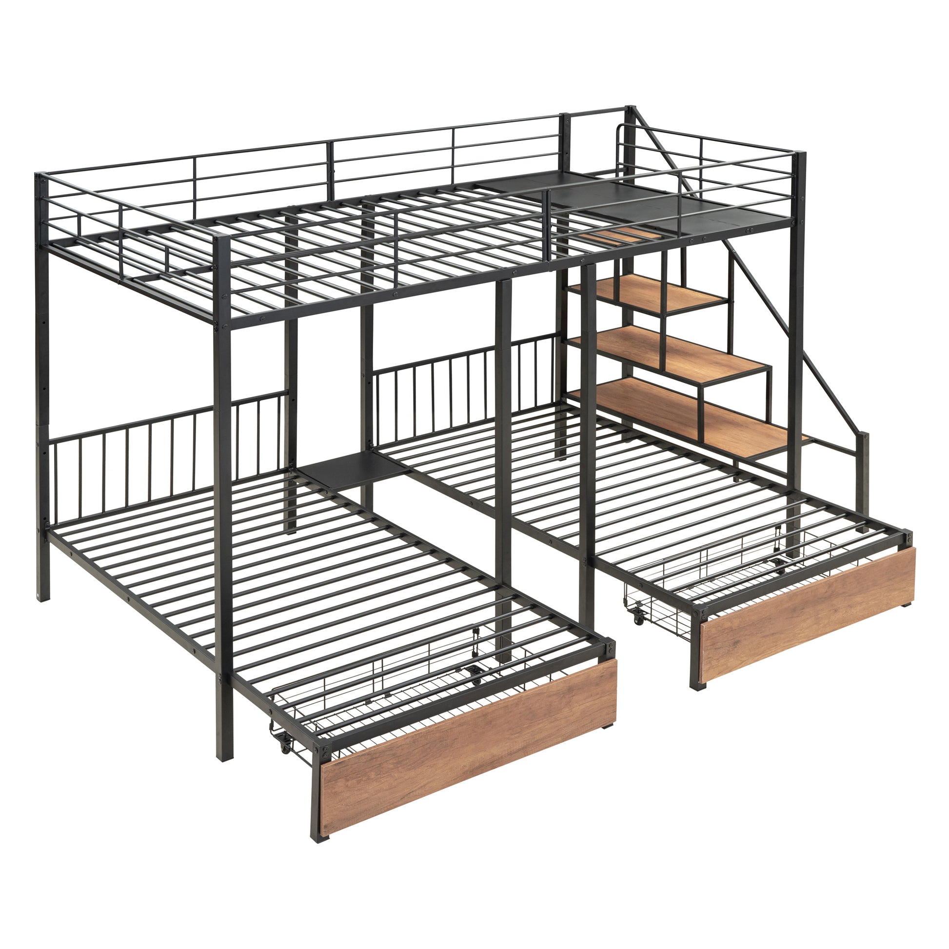 Full Over Twin Twin Triple Bunk Bed With Drawers And Staircase, Black Black Metal