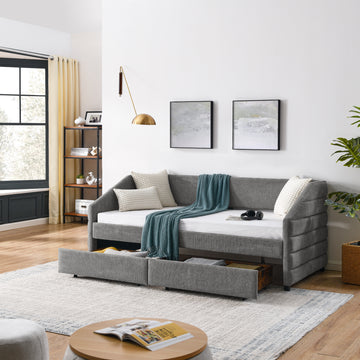 Twin Size Daybed With Two Drawers Trundle Upholstered Tufted Sofa Bed, Linen Fabric, Grey 82.5"X42.5"X34" Box Spring Not Required Twin Grey Composite Bedroom Classic,Contemporary,French,Luxury,Modern Linen Linen