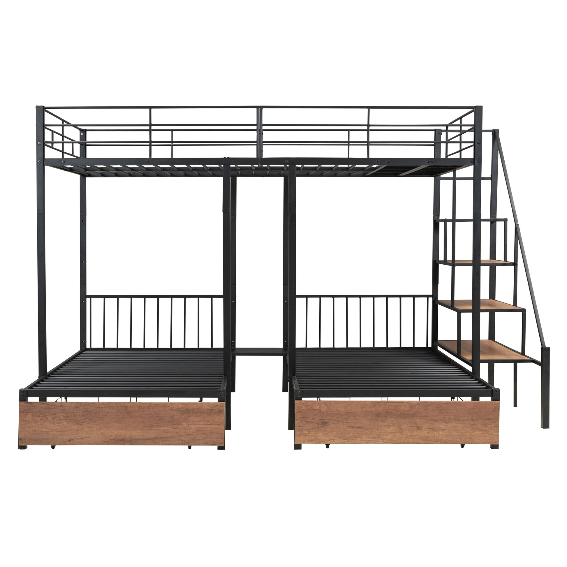 Full Over Twin Twin Triple Bunk Bed With Drawers And Staircase, Black Black Metal