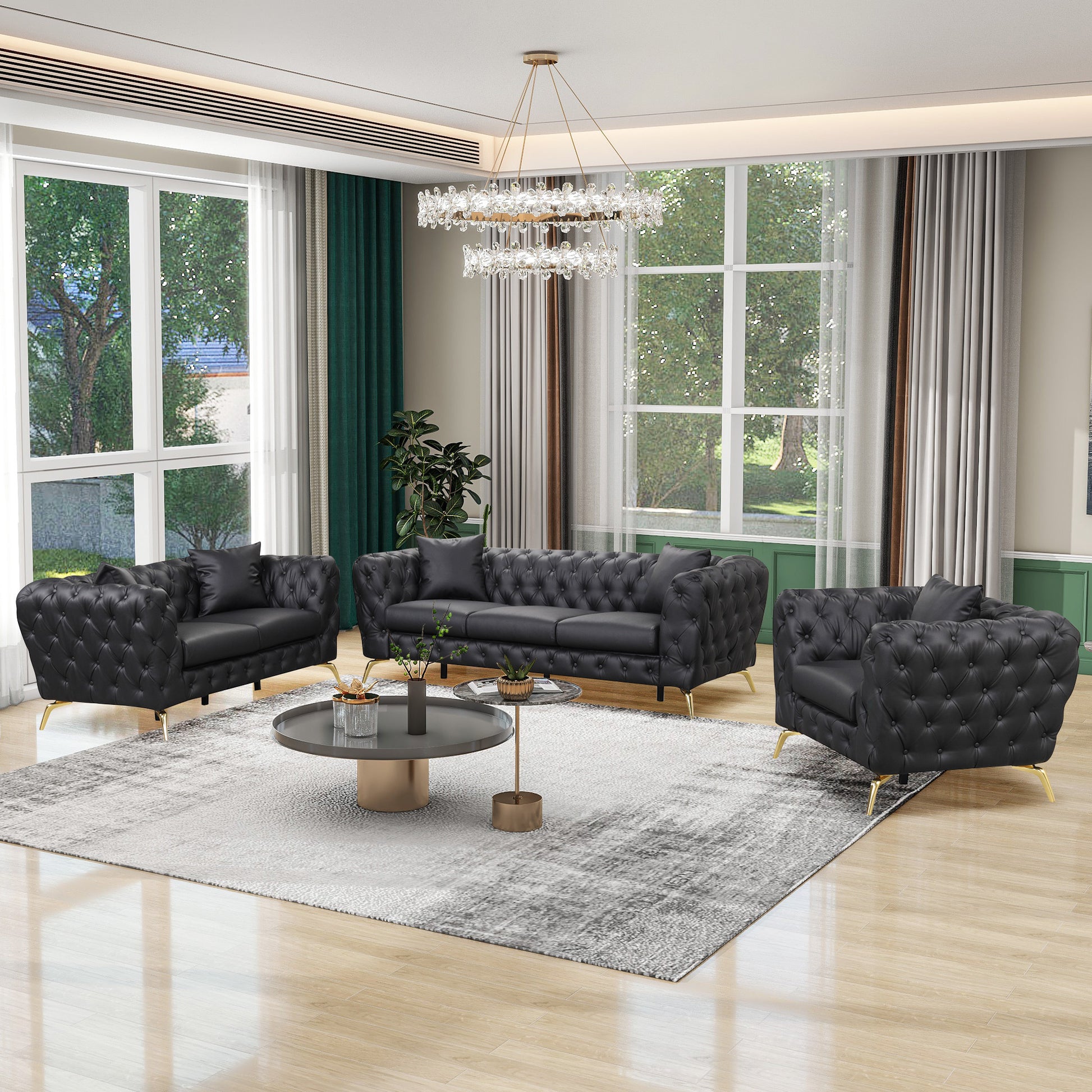 Modern 3 Piece Sofa Sets With Sturdy Metal Legs, Button Tufted Back, Pu Upholstered Couches Sets Including Three Seat Sofa, Loveseat And Single Chair For Living Room Furniture Set, Black Black Foam Pu