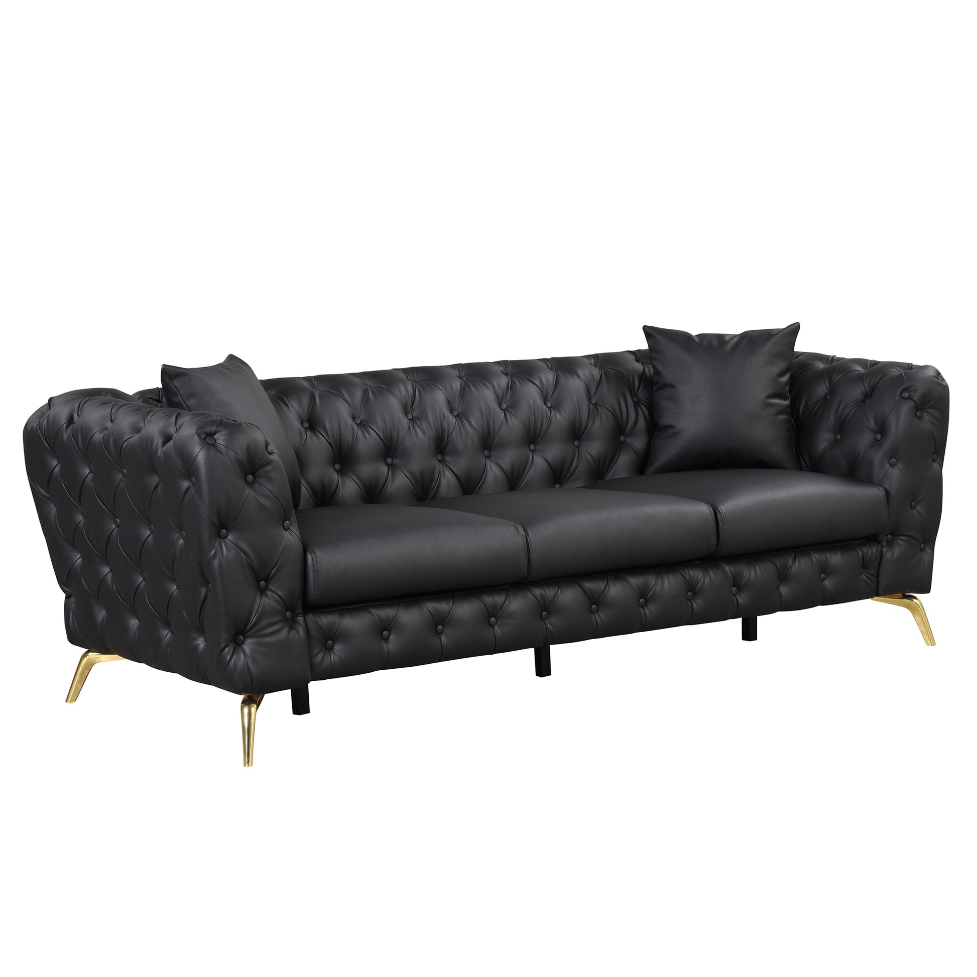 88.5" Modern Sofa Couch Pu Upholstered Sofa With Sturdy Metal Legs, Button Tufted Back, 3 Seater Sofa Couch For Living Room,Apartment,Home Office, Black Black Foam Pu