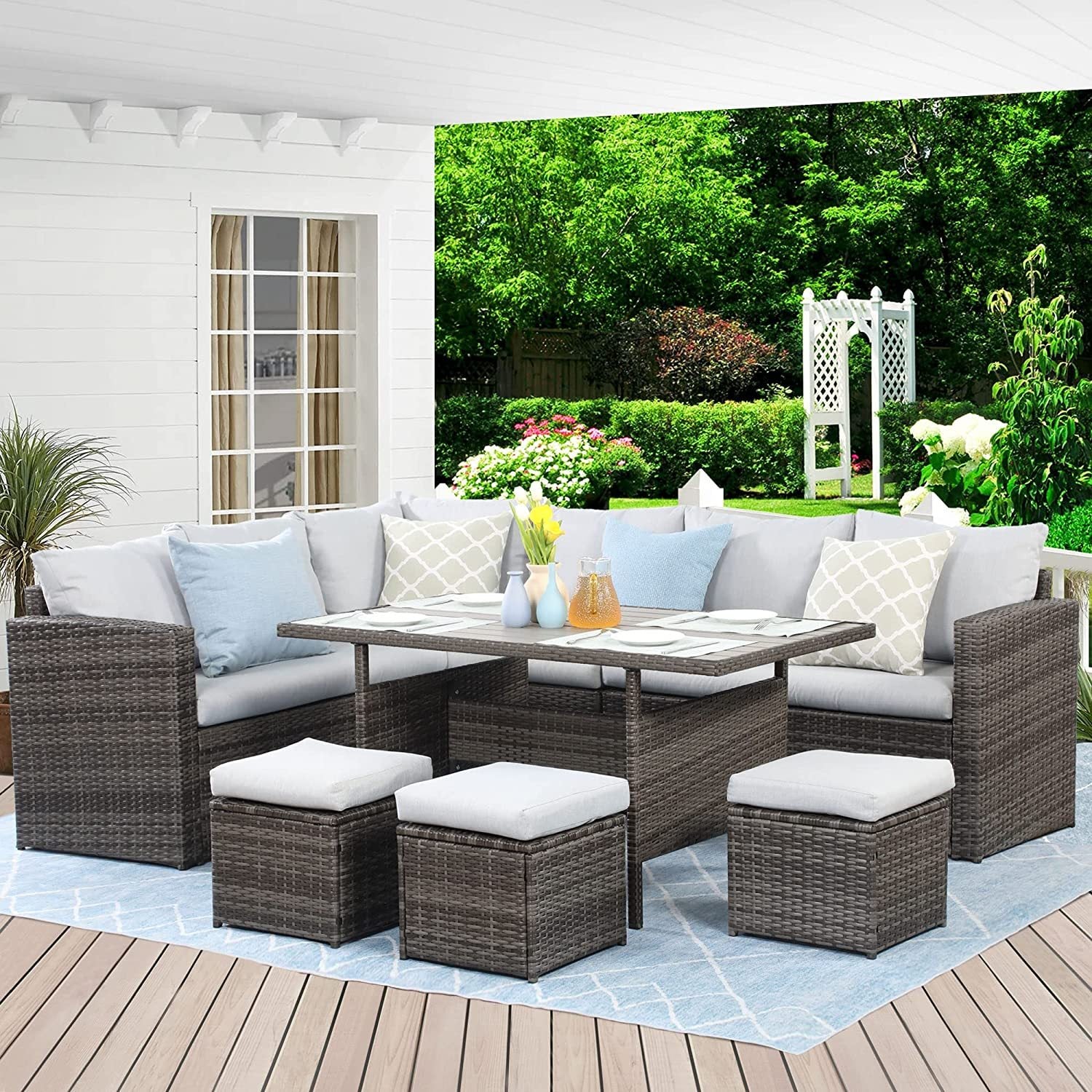 7 Pieces Pe Rattan Wicker Patio Dining Sectional Cusions Sofa Set With Grey Cushions Grey Wicker