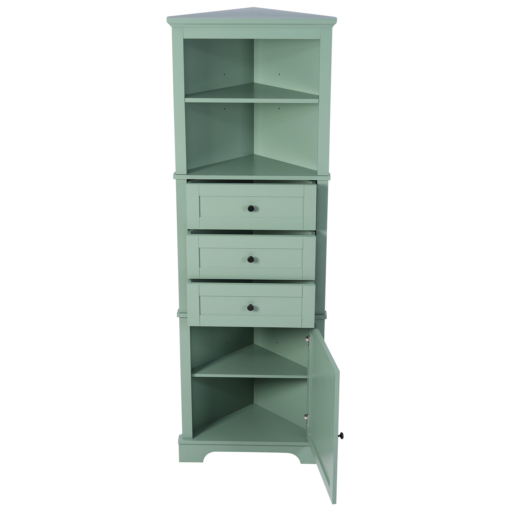 Green Triangle Tall Cabinet With 3 Drawers And Adjustable Shelves For Bathroom, Kitchen Or Living Room, Mdf Board With Painted Finish Green Mdf