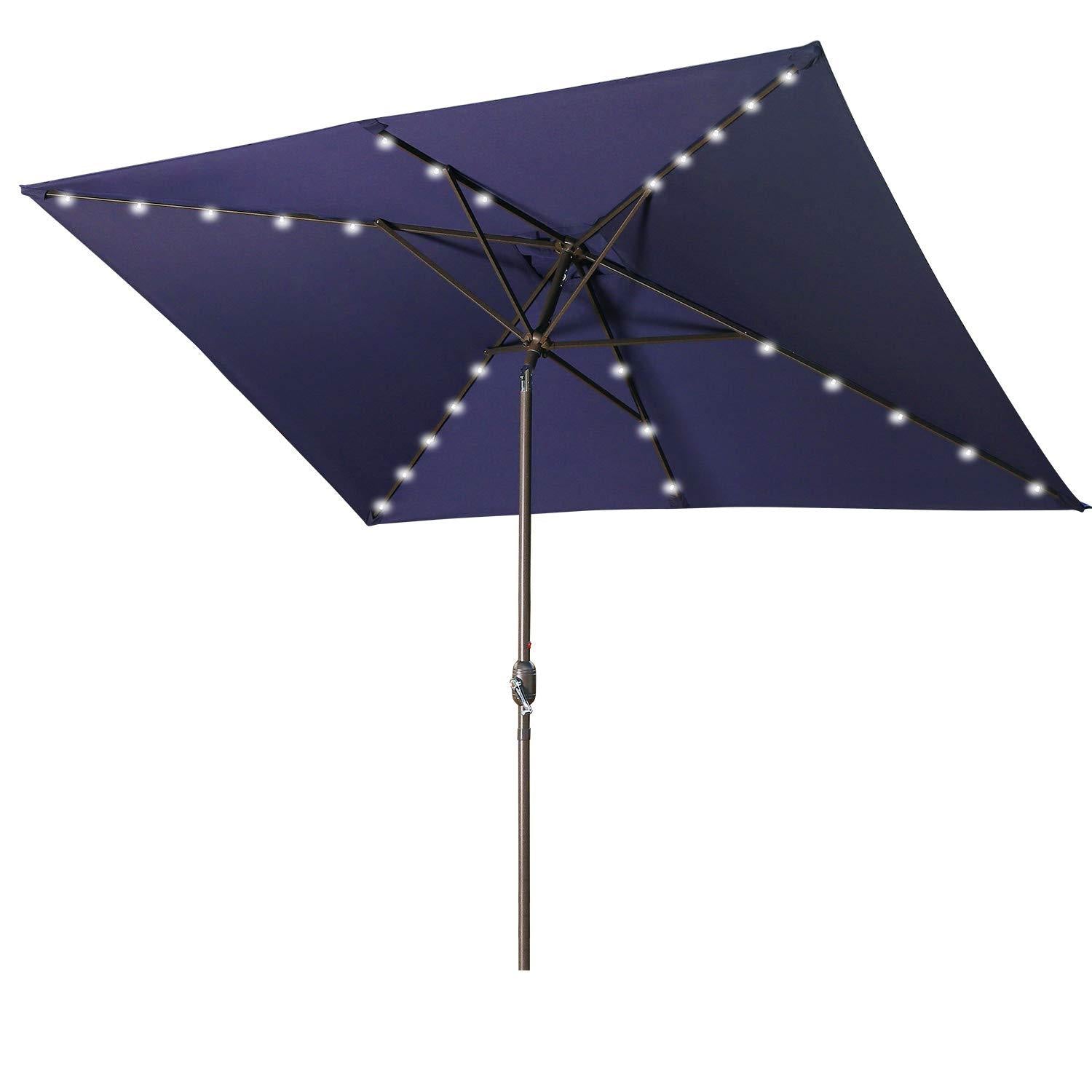 Waterproof Rectangular Patio Umbrella And Solar Lights 6.5 Ft. X 10 Ft.26 Led Lights, Push Button Tilt, Crank In Navy Blue Navy Blue Aluminum