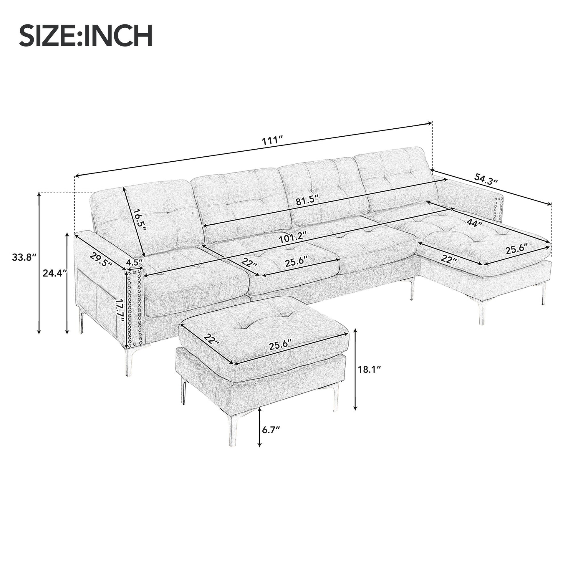 110" L Shape Convertible Sectional Sofa Couch With Movable Ottoman For Living Room, Apartment, Office, Light Grey Light Grey Foam Velvet 4 Seat