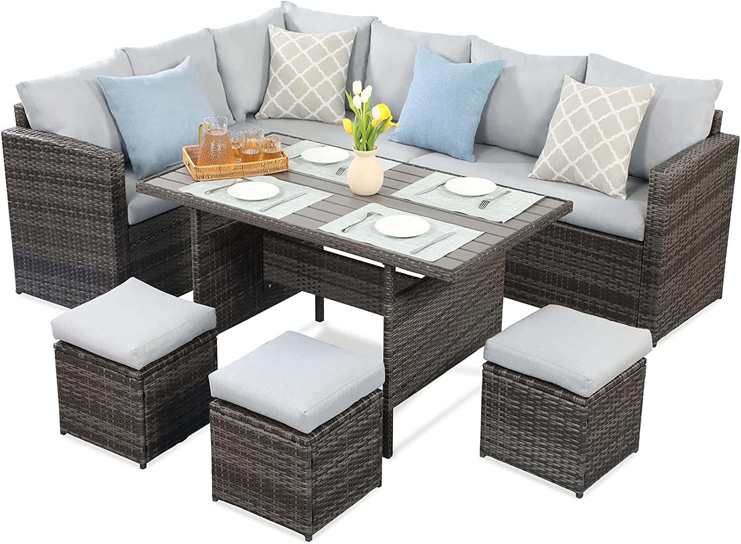 7 Pieces Pe Rattan Wicker Patio Dining Sectional Cusions Sofa Set With Grey Cushions Grey Wicker