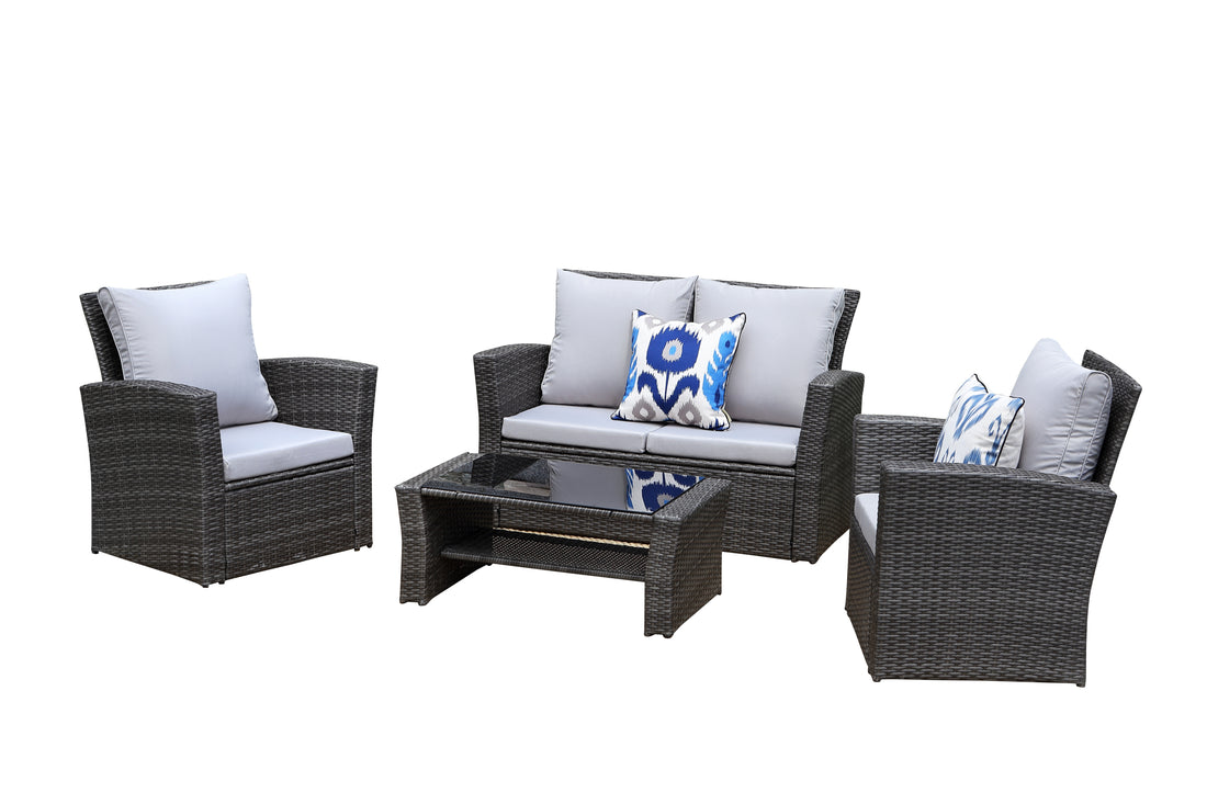 4 Pieces Pe Rattan Wicker Outdoor Patio Furniture Set With Grey Cushions Grey Wicker