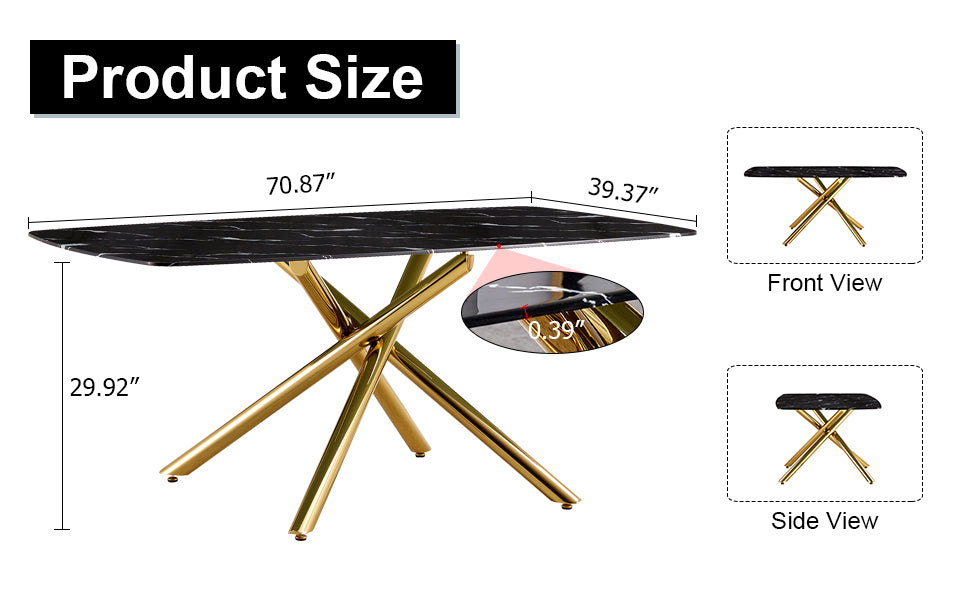 Large Modern Minimalist Rectangular Dining Table With 0.39 "Imitation Marble Black Tabletop And Golden Metal Legs, For Kitchen Dining Living Meeting Room Banquet Hall 1537 Black Glass