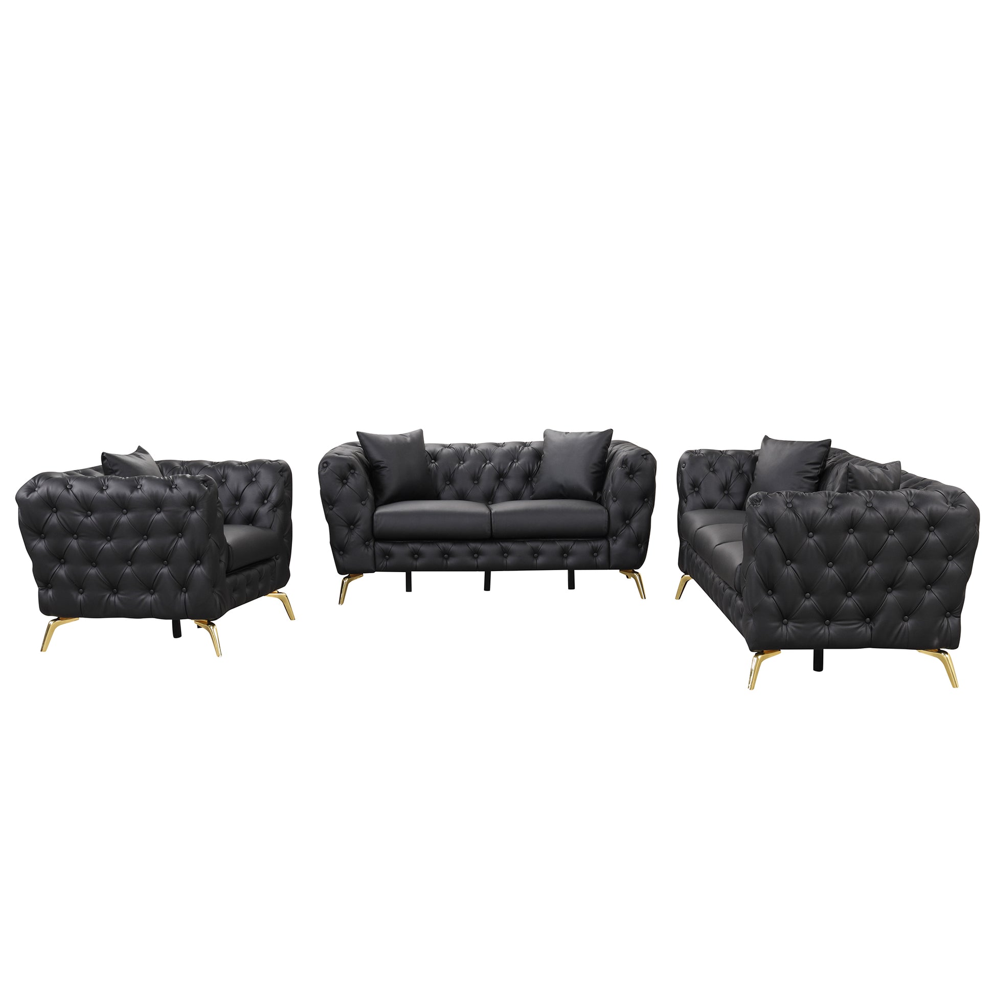 Modern 3 Piece Sofa Sets With Sturdy Metal Legs, Button Tufted Back, Pu Upholstered Couches Sets Including Three Seat Sofa, Loveseat And Single Chair For Living Room Furniture Set, Black Black Foam Pu