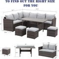 7 Pieces Pe Rattan Wicker Patio Dining Sectional Cusions Sofa Set With Grey Cushions Grey Wicker